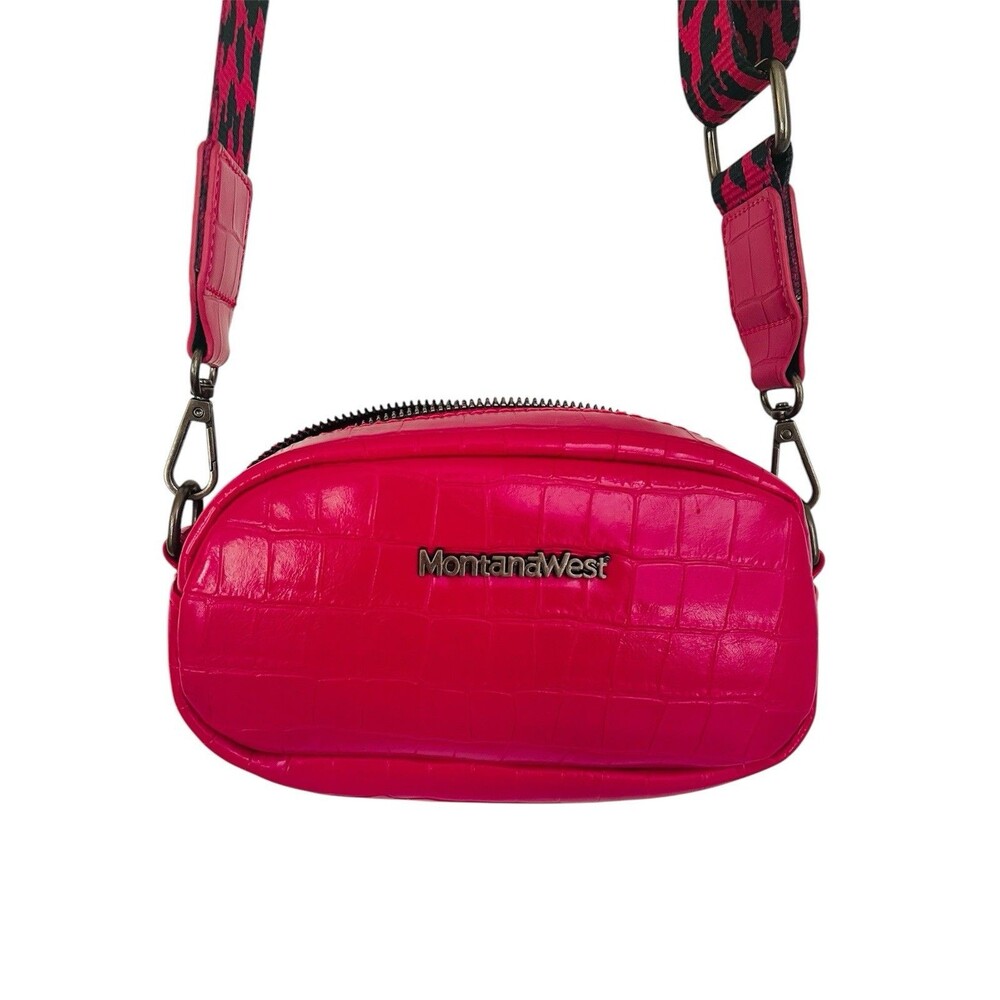 Montana West Pink Faux Croc Crossbody Bag with Animal Print Strap